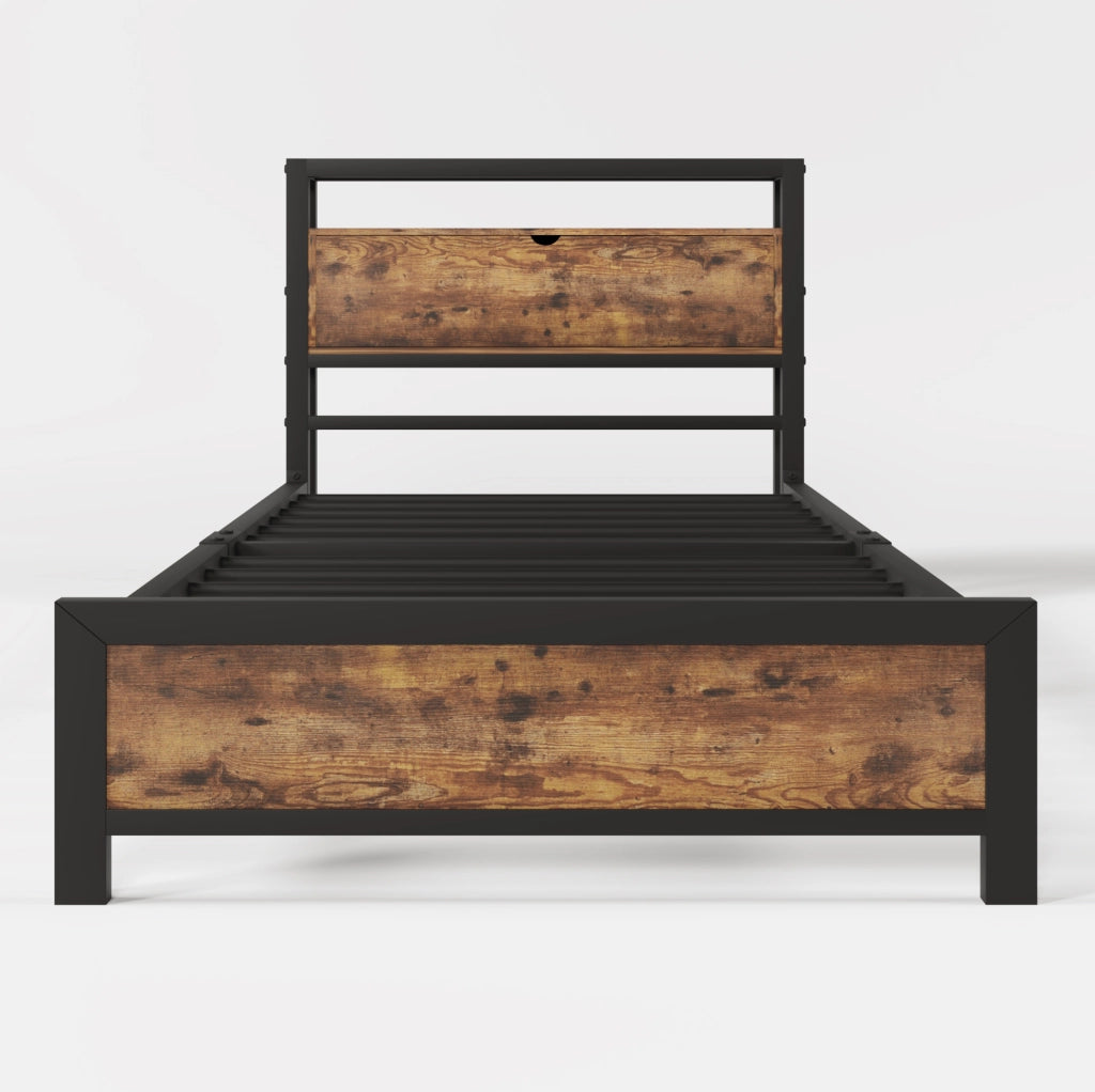 Letto singolo 90x200 cm in metallo e legno naturale con testiera contenitore e rete