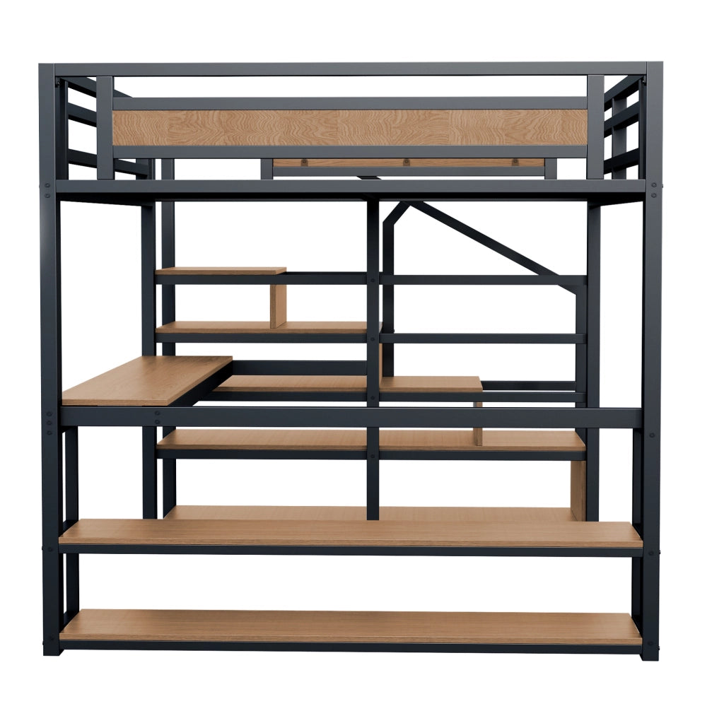Letto a soppalco in metallo 140x200 cm nero con scrivania; ripiani e scala contenitiva