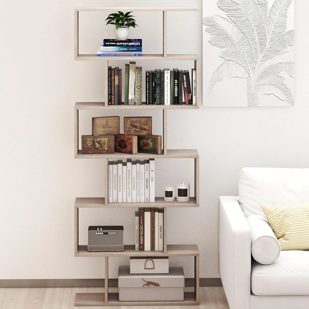 Scaffale a 6 Ripiani, Libreria a Forma di S, Libreria Scaffale da Terra in Legno, Divisorio per Soggiorno, Camera da Letto, Ufficio, 80 x 23 x 192 cm (Quercia)