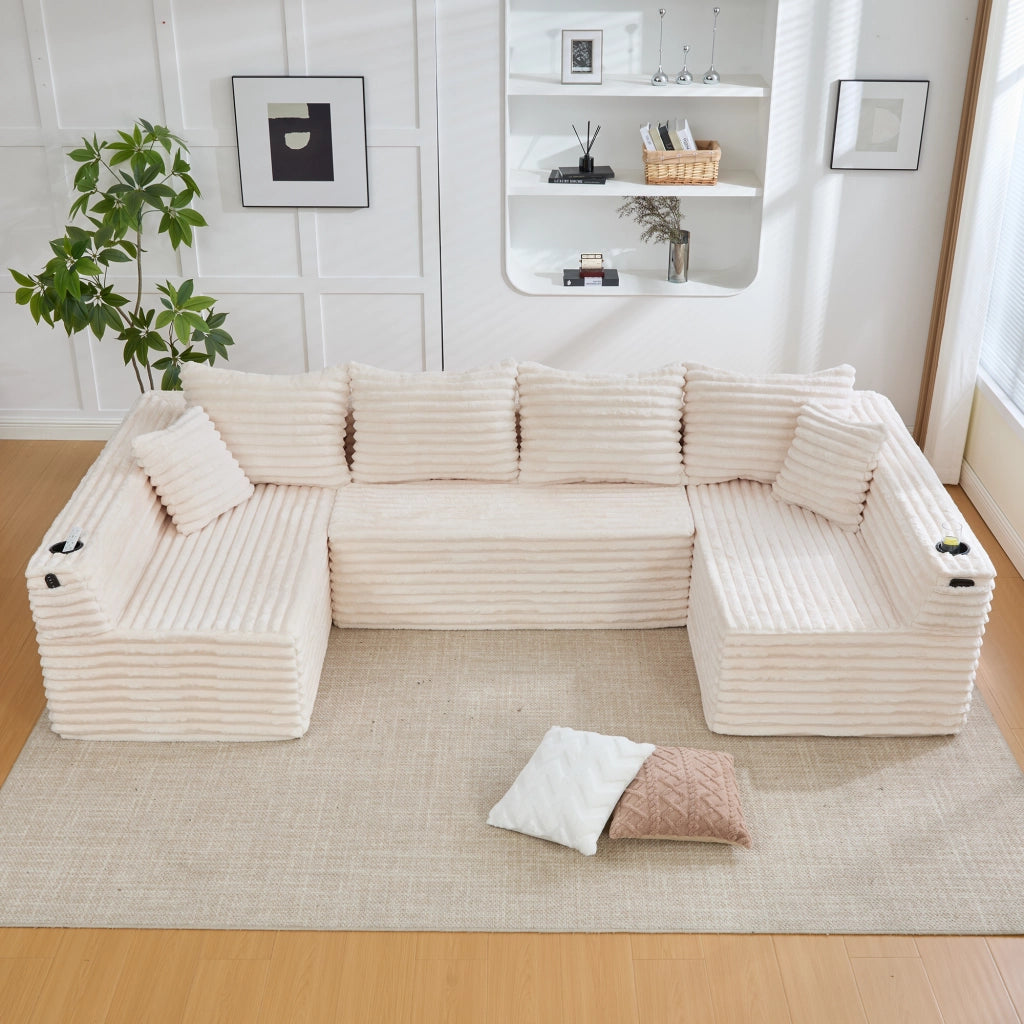 Divano modulare a U in corduroy beige con porta bicchieri, tasche laterali e imbottitura con molle, 320×155×88 cm