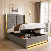 Letto contenitore 90 × 200 cm con testiera imbottita; tasche laterali; USB Type-C e LED in velluto grigio scuro