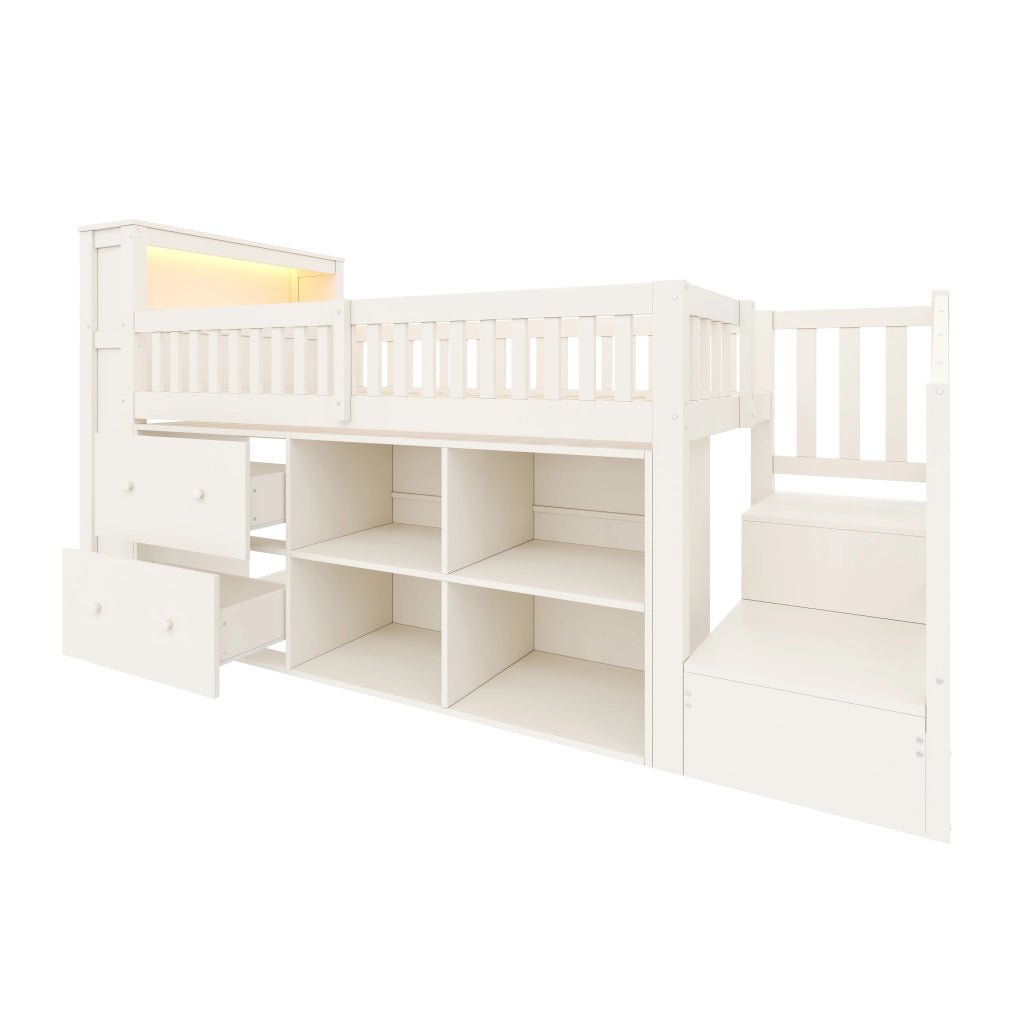 Letto a soppalco singolo 90×200 cm con cassetti; ripiani; scala con vano; LED; USB e Type-C; senza materasso; MDF; bianco