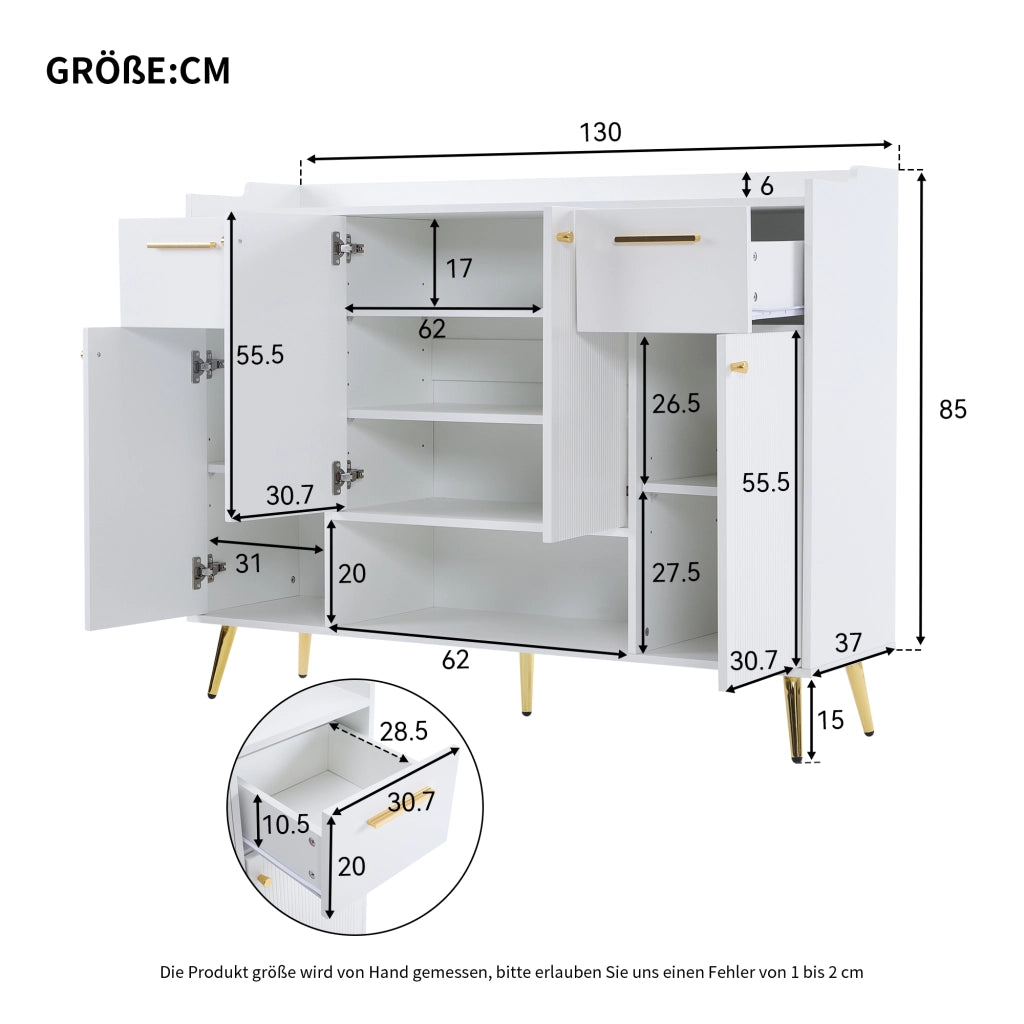 Armadio per scarpe con 2 cassetti e 4 ante - Zephmum - B130xL37xH100 cm - Bianco - Piedini in metallo
