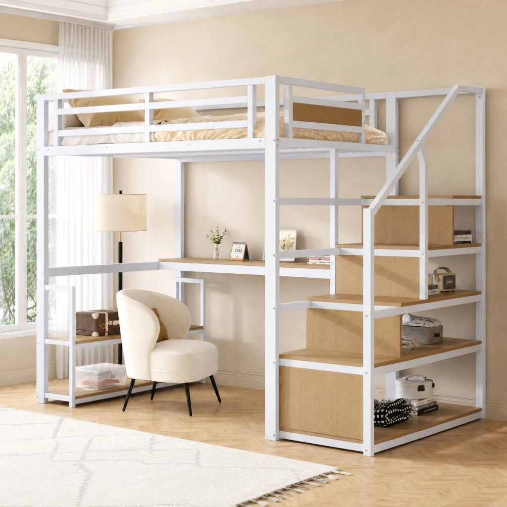 LETTO a soppalco 140x200 cm in metallo bianco con scrivania e ripiani