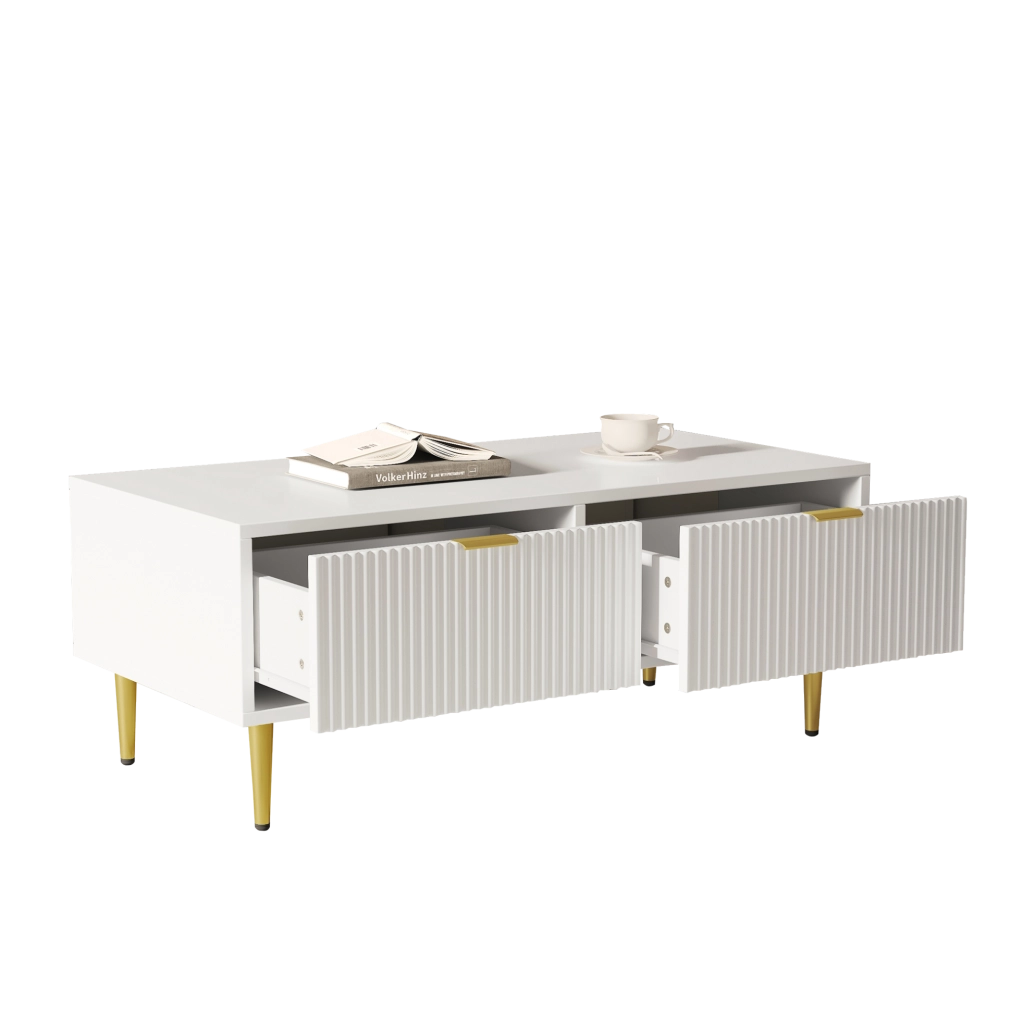 Tavolino da caffè moderno 100x50x40 cm con 2 cassetti in MDF bianco e oro