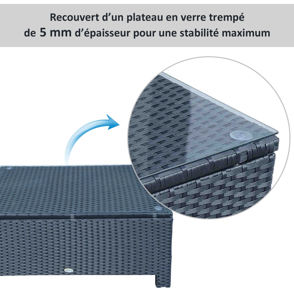 Tavolino da giardino in rattan con piano in vetro temperato ¨C zephmum ¨C Nero 85x50x39cm