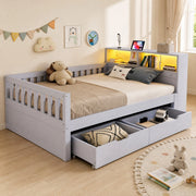 Letto singolo 90 × 200 cm con cassetti, ripiani, illuminazione led, prese usb e type-c, senza materasso, grigio