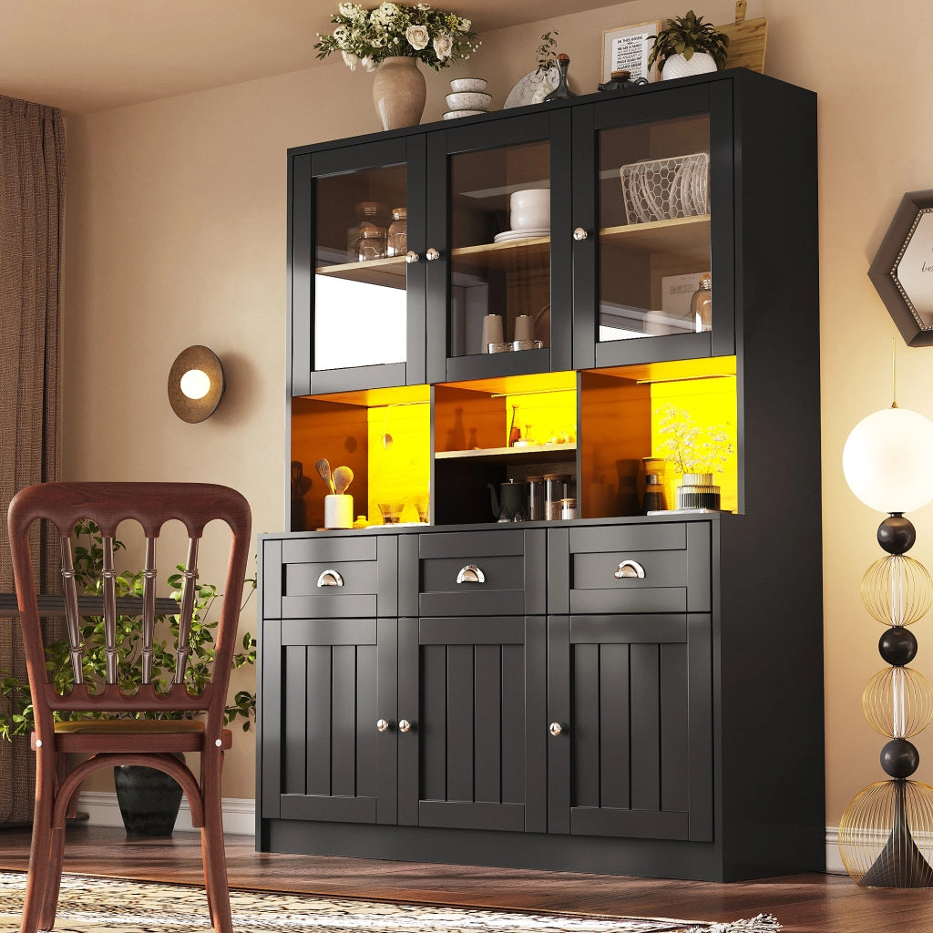 Credenza alta vetrata con LED; 3 cassetti; 6 ante e ripiani regolabili per cucina; 140 × 40 × 175 cm