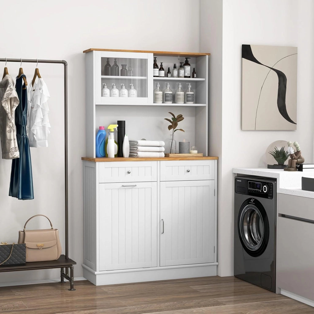 Credenza da Cucina con 3 Ante, 2 Cassetti e Pattumiera 38 L, Piano di Lavoro in Legno, 3 Ripiani Regolabili e 4 Armadi, 100 x 34 x 172 cm, Ideale per Cucina e Soggiorno (Bianco)