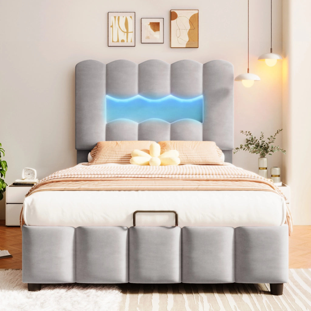 Letto imbottito 90x200 cm grigio con LED e vano contenitore