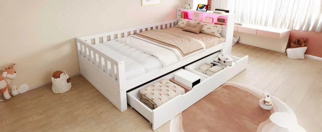 Letto in legno multifunzione con cassetti, LED e USB, 90x200 cm, bianco