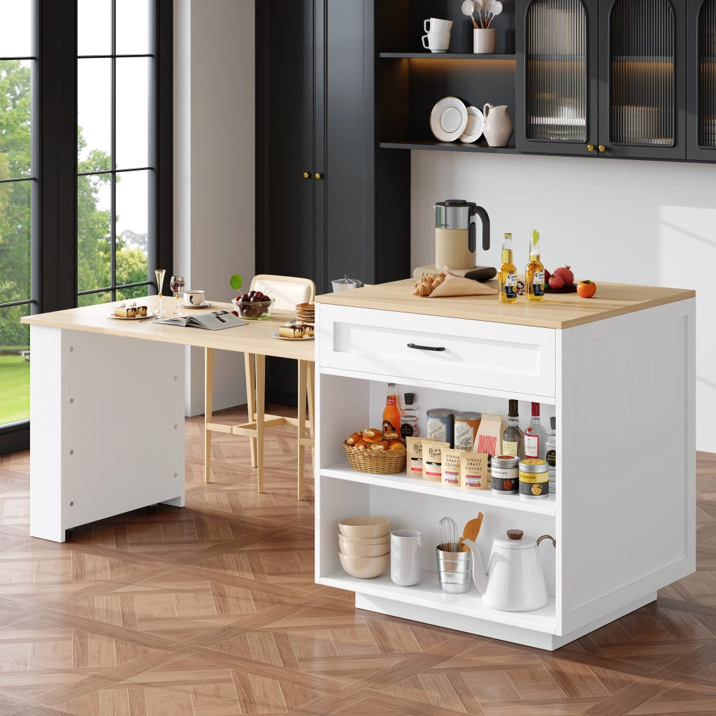 OKWISH Tavolo Bar da Cucina con Contenitore, Piano Allungabile, 1 Cassetto e Vani Aperti, per Cucina, Bianco