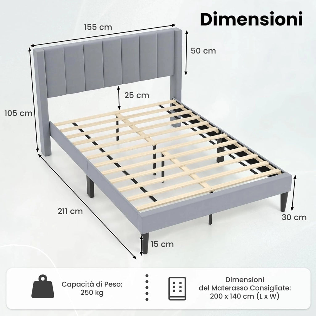 Struttura Letto Imbottito Matrimoniale 140x200 cm, Letto Piattaforma Imbottito, con Testiera in Morbido Tessuto di Velluto e Supporto a Doghe di Legno, Silenzioso, Carico 250kg (Stile 4)