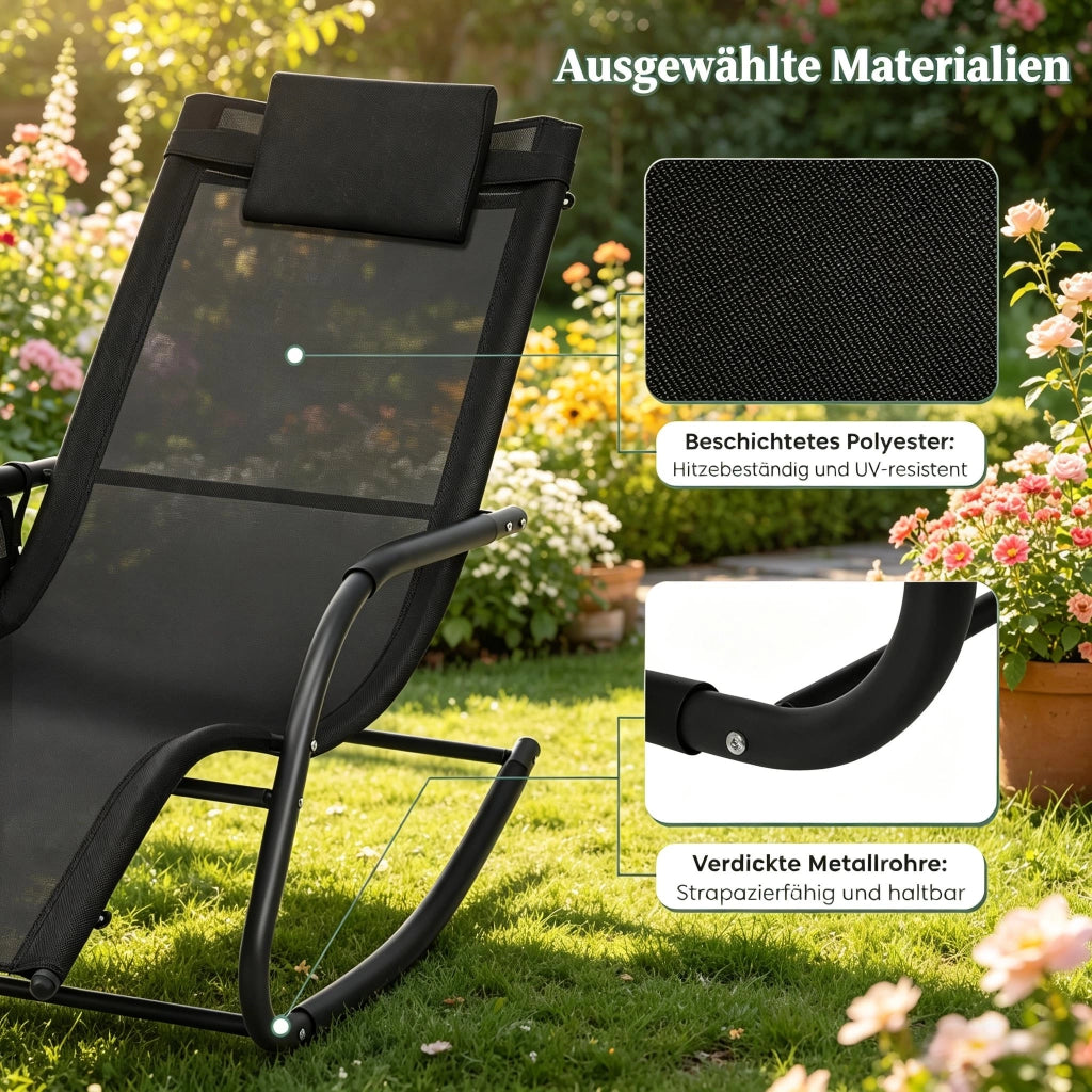 Sedia a dondolo da esterno con tasca laterale e design ergonomico in metallo e poliestere nero