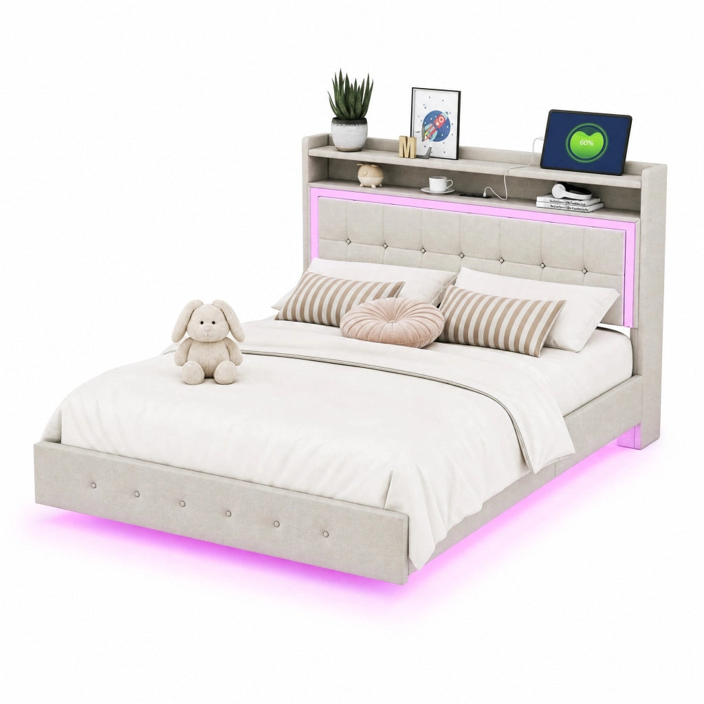 Letto matrimoniale imbottito 140x200 cm con USB e luci LED; lino beige