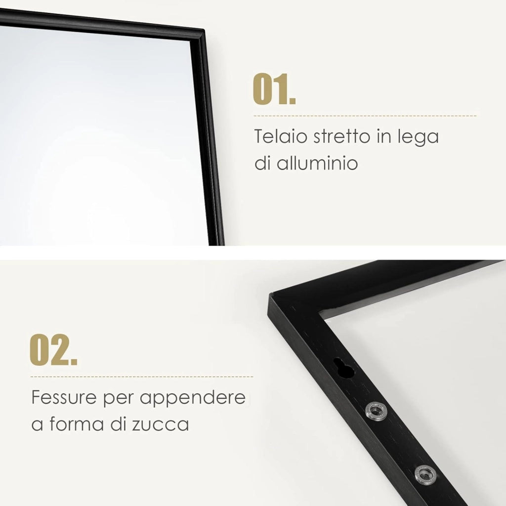 Specchio da Parete Lungo, Specchio da Terra Appendere con Cornice in Lega di Alluminio e Ganci, Per Camera da Letto e Soggiorno, 120 x 37 cm (Nero)