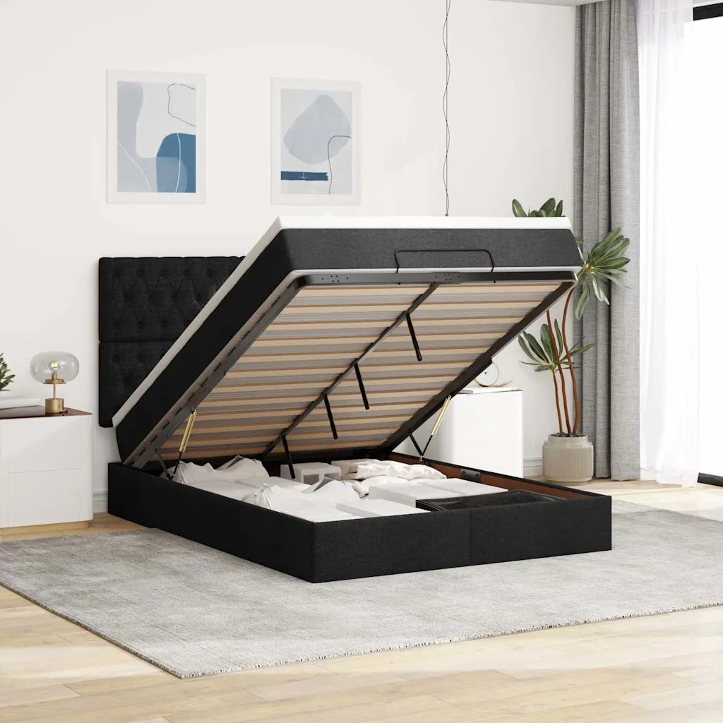 Struttura Letto Pouf con Materasso Nero 140x200 cm in Tessuto 3313246