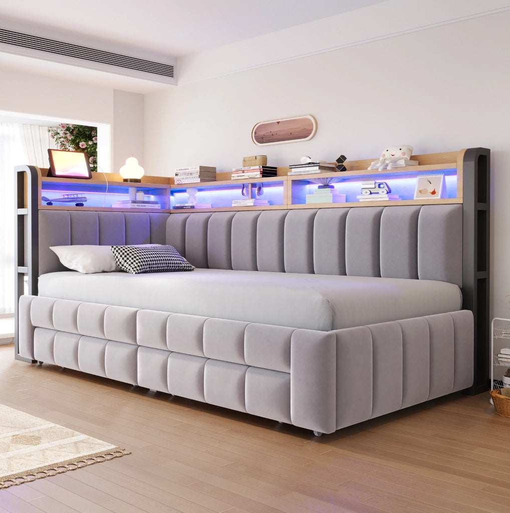 Divano letto imbottito estraibile 90/180 x 200 cm con LED; USB e Type-C; velluto grigio chiaro