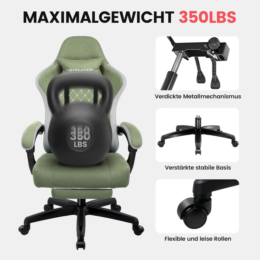 Sedia da gaming, in tessuto, con cuscino a molla, ergonomica, girevole, con poggiapiedi, portata 150 kg, colore: verde