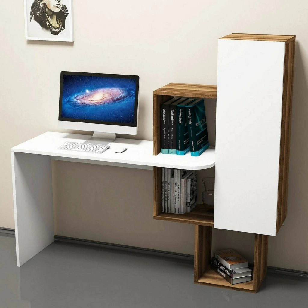Scrivania Baselice, Scrittoio multiuso, Tavolo per ufficio porta PC, Piano di lavoro, 145x45h75 cm, Noce e Bianco