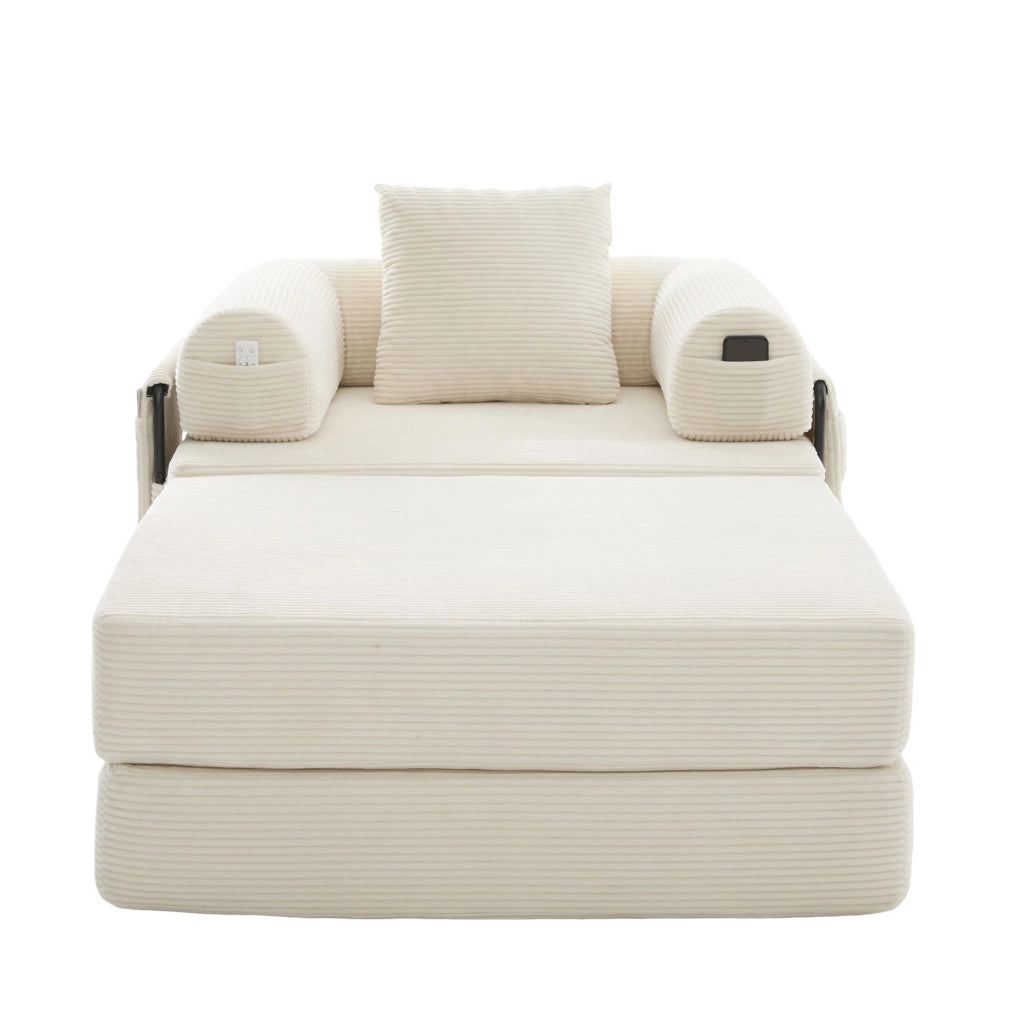 Poltrona modulare in velluto a coste beige con pouf e cuscino