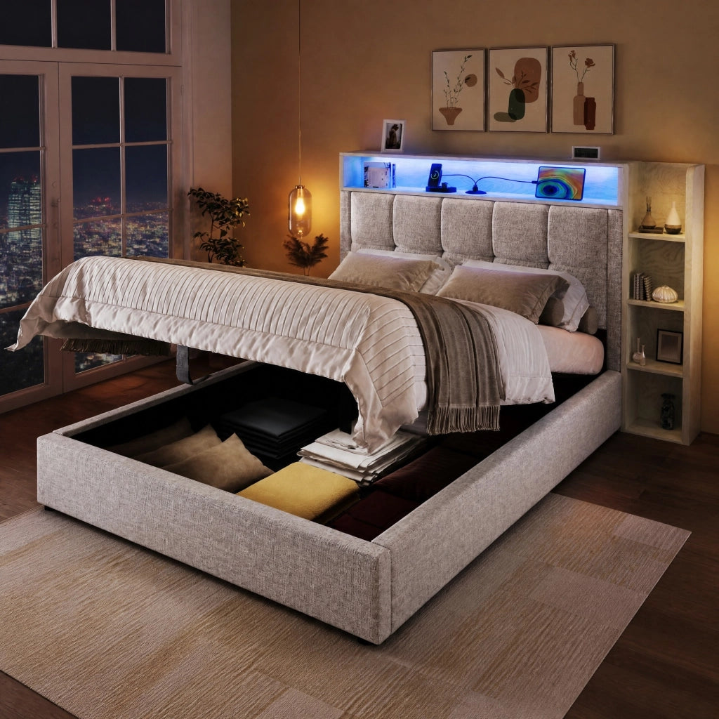 LETTO imbottito 90x200 cm in lino beige con USB e LED