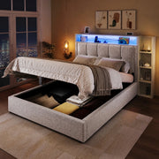 LETTO imbottito 90x200 cm in lino beige con USB e LED