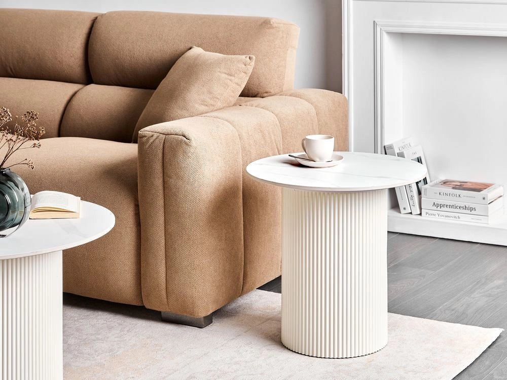 Tavolino Beige chiaro Piano in pietra sinterizzata Base in metallo ø 50 cm Aspetto naturale Design moderno Soggiorno