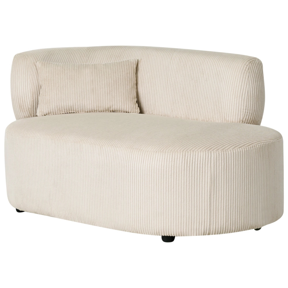 Chaise longue con rivestimento in velluto a coste beige e cuscino decorativo lato sinistro
