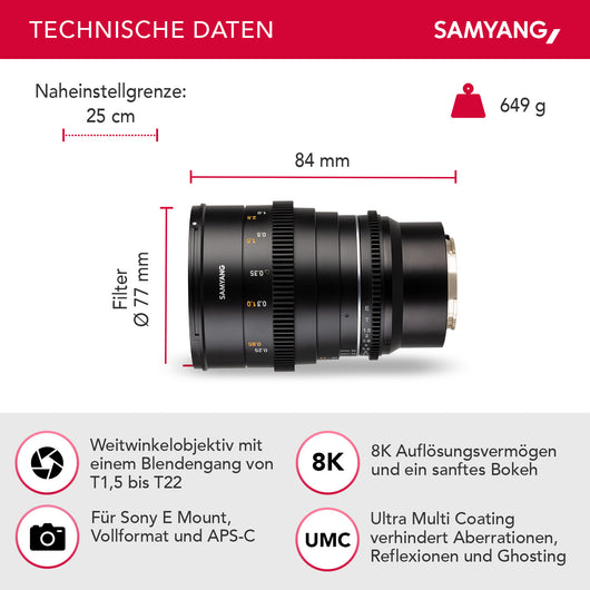 Obiettivo grandangolare per cinema e video 24mm T1,5 VDSLR MK2 – luminosità T1,5 per Sony E Mount, Lunghezza focale fissa, full-frame e APS-C, risoluzione 8K