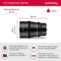 Obiettivo grandangolare per cinema e video 24mm T1,5 VDSLR MK2 – luminosità T1,5 per Sony E Mount, Lunghezza focale fissa, full-frame e APS-C, risoluzione 8K