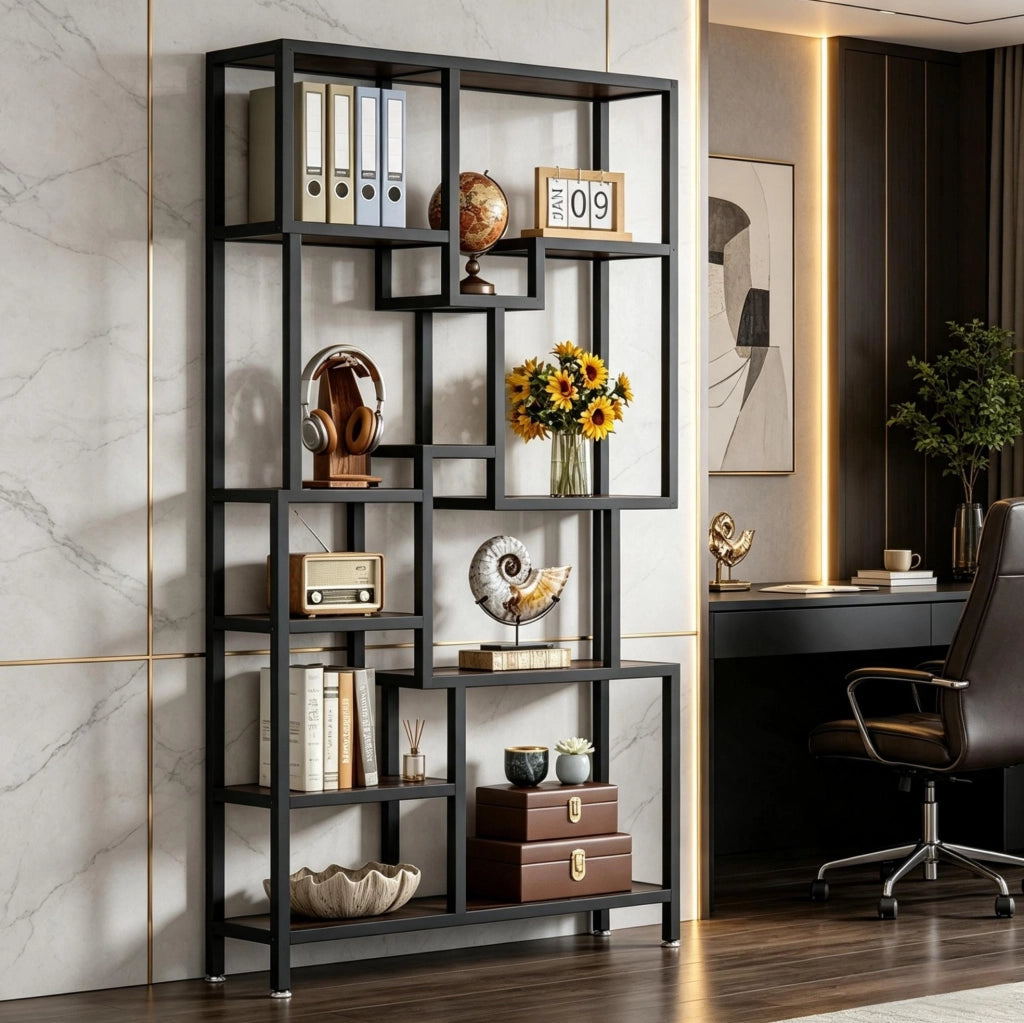 Libreria 100x30x180 cm in metallo e truciolare nero e marrone salvaspazio –