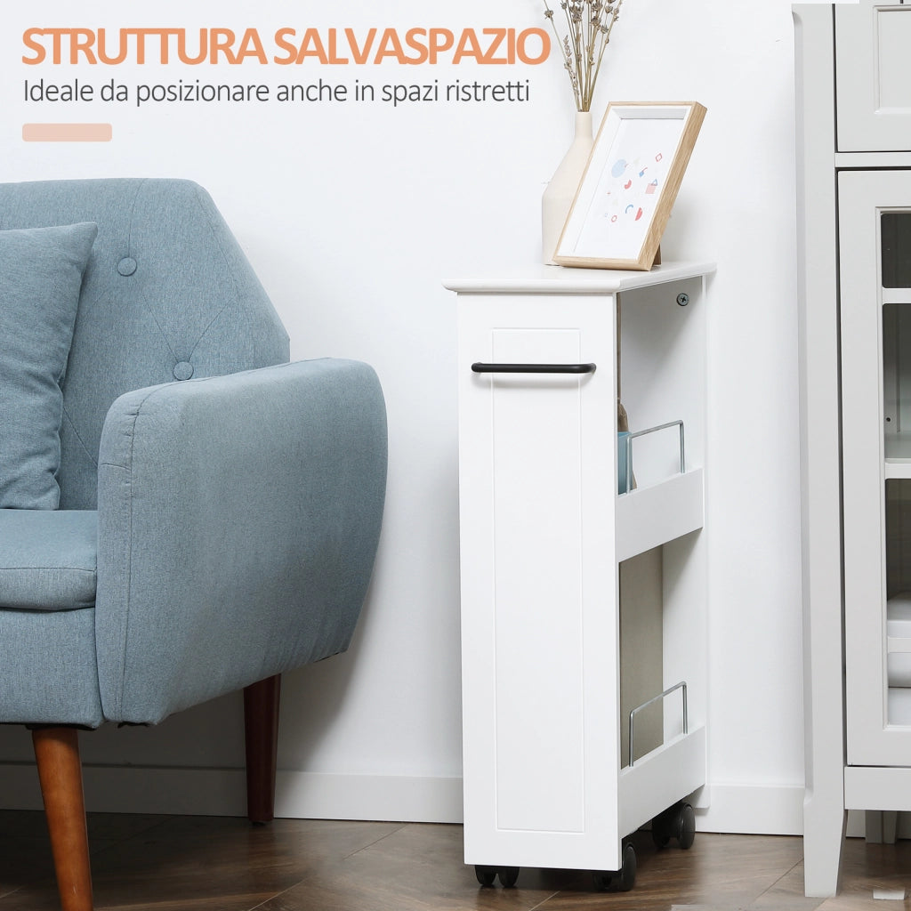 Carrello Salvaspazio Multiuso in Legno MDF e Ruote, 42.5x20.3x66.7cm, Bianco