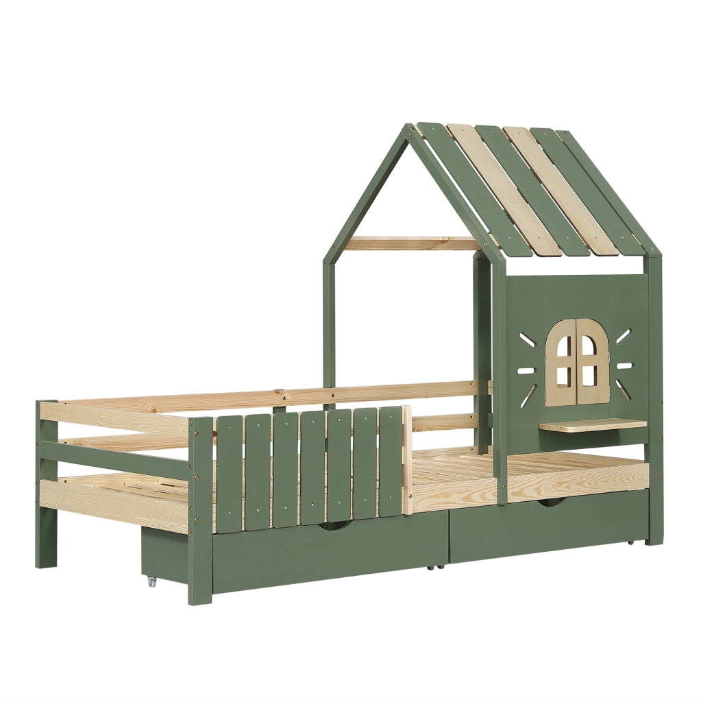 Letto a casetta 90x200 cm verde e naturale in pino e MDF; 2 cassetti