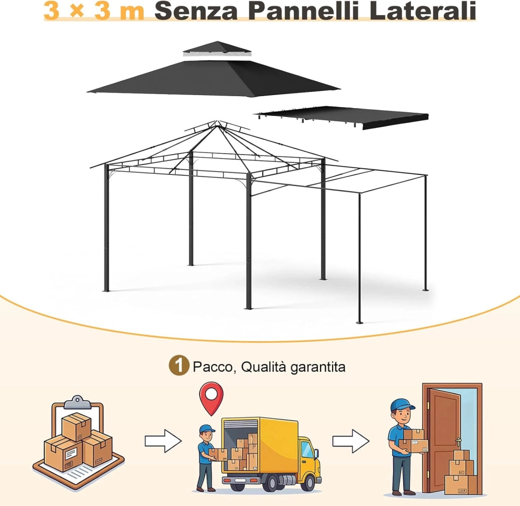 Gazebo Esterno Resistente 3x3, Gazebo Impermeabile Stabile, Protezione UV 50+, Pavillon Fisso da Grill per Giardino Estensibile 3x4.7 m, Terrazza, Feste di Grill o Feste Spontanee, Grigio