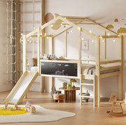 Letto a soppalco per bambini 90x200 cm in legno massello con scivolo e lavagna
