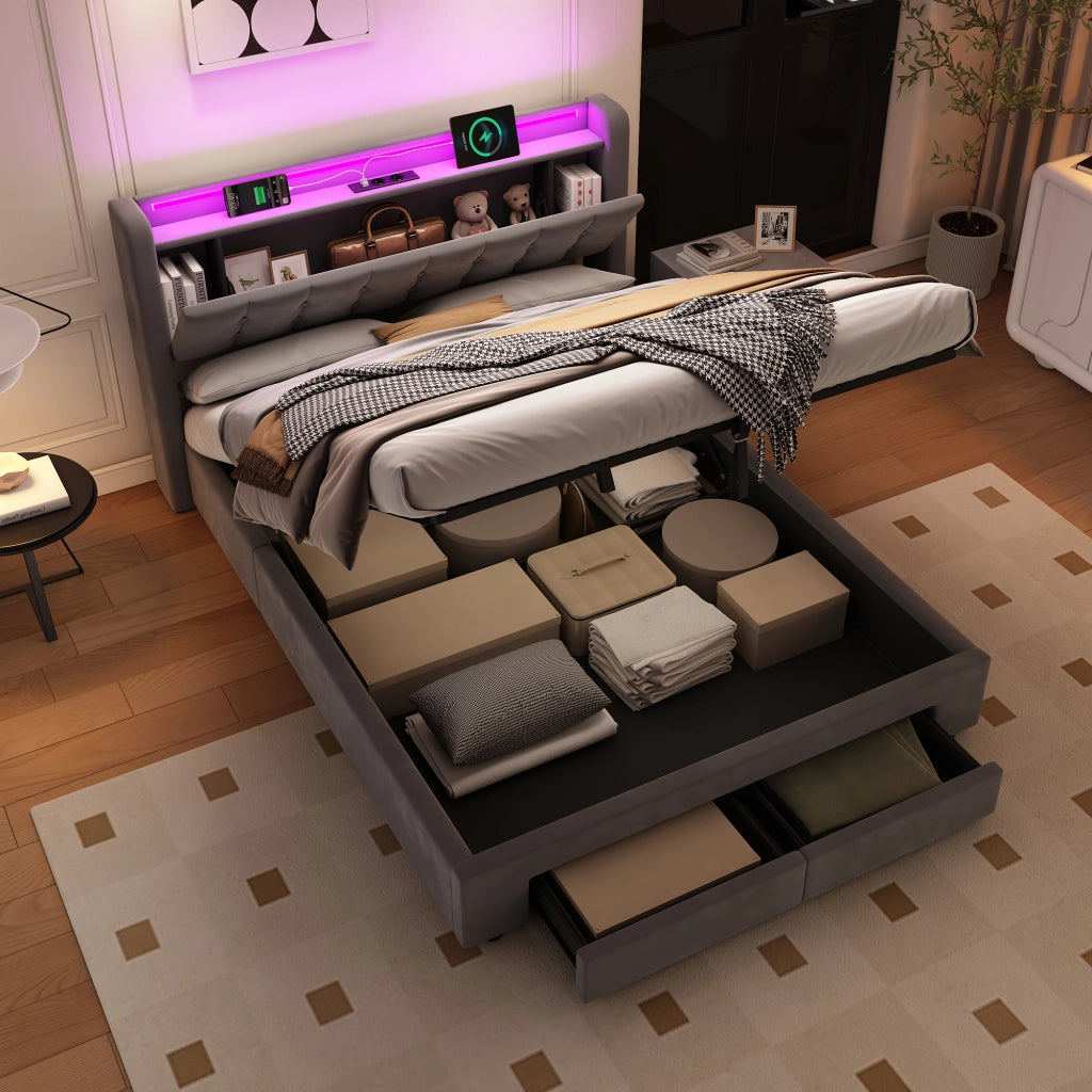 LETTO Imbottito 140 x 200 cm in Velluto con LED, USB e 2 Cassetti