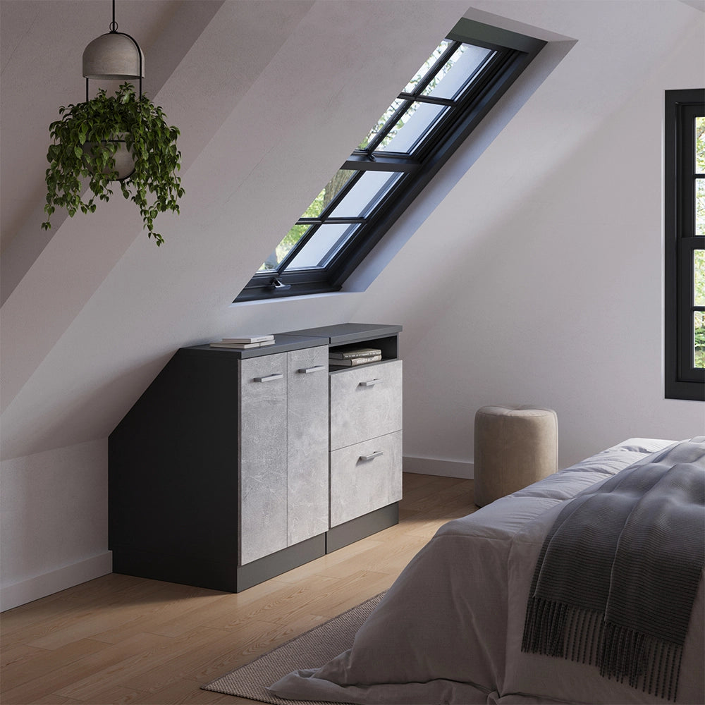 Set di mobili sottotetto Rion Calcestruzzo/Antracite 120 cm Set di 2 carcasse armadio profondità 60 cm Vicco