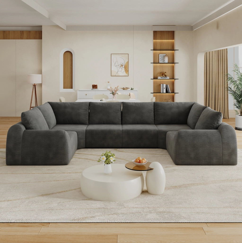 Divano angolare a U 344x200x85 cm in tessuto chenille; grigio scuro
