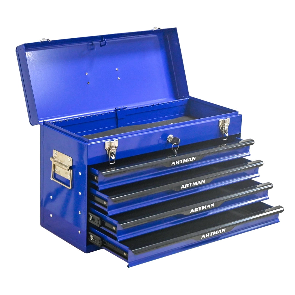 Cassettiera porta attrezzi con vano superiore e 3 cassetti - in acciaio - 60 x 29.5 x 42 cm - nero e blu