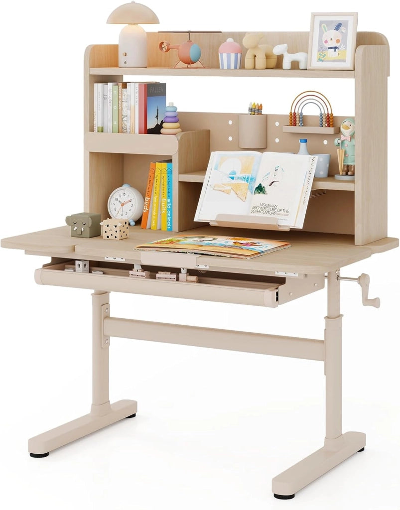 Scrivania per Bambini 3+ Anni, Tavolo da Studio Regolabile in Altezza con Libreria e Cassetto, Piano Inclinabile, Mensole, Leggio e Portapenne, Scrivania per Studiare (Blu)