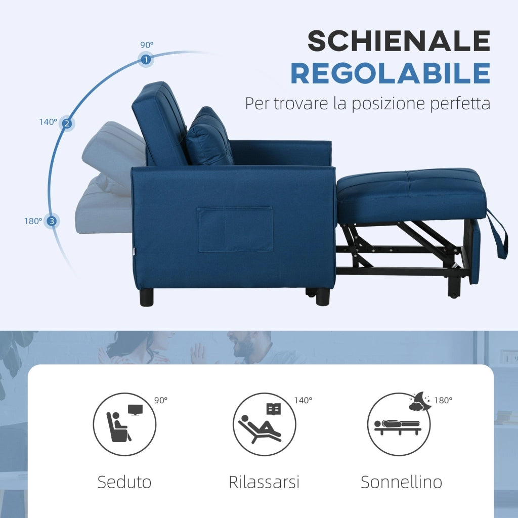 Poltrona Letto Reclinabile su 3 Livelli con Cuscino Extra 69x82x85 cm Blu
