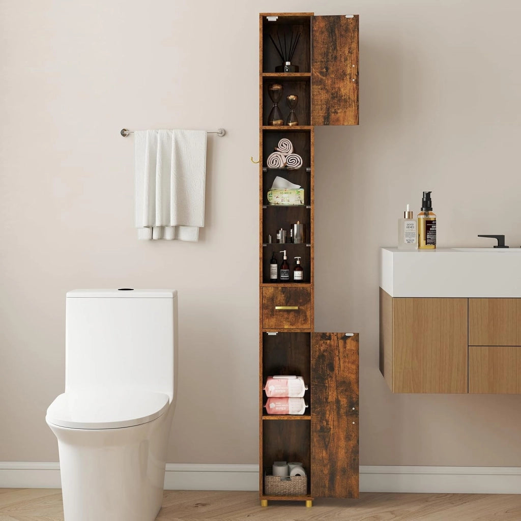 Armadietto da bagno con illuminazione, 20 x 20 x 181 cm, armadio da bagno sottile con cassetto, 2 ante e 4 ripiani aperti, armadio alto per bagno e soggiorno (2,4 ripiani + illuminazione)