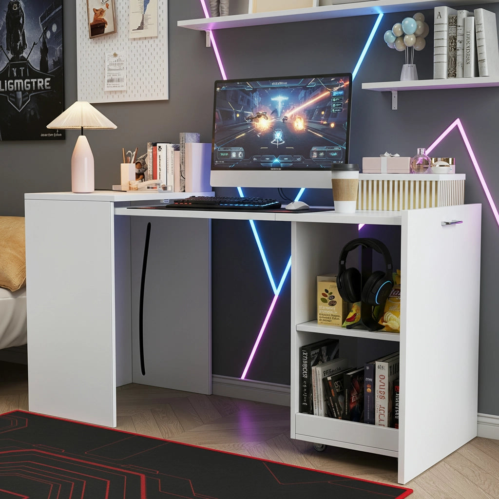 Scrivania Pieghevole Multifunzionale con Armadio ¨C MINIMAL ¨C Legno Bianco, 2 Vani, 126x55x75