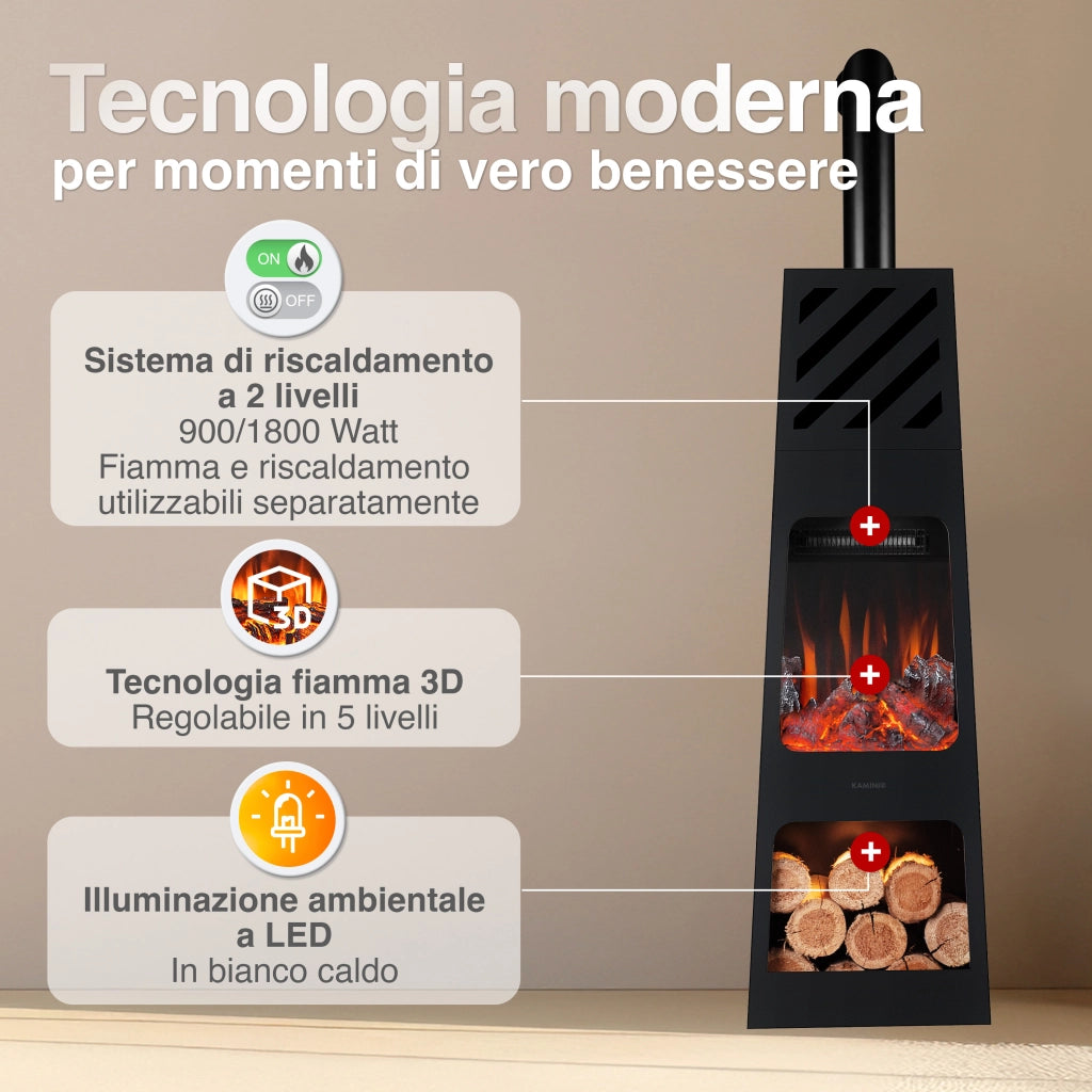 KAMINIO Caminetto elettrico da giardino con tubo KAI XL - Stufa de terrazzo  elettrico con riscaldamento, effetto fiamma 3D, luce ambiente a LED, scomparto de legno, telecomando - X-Large, Nero