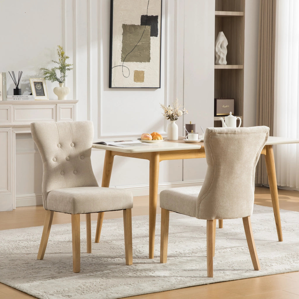 Set di 2 sedie da pranzo, gambe in legno massello, sedute imbottite, tessuto chenille, beige