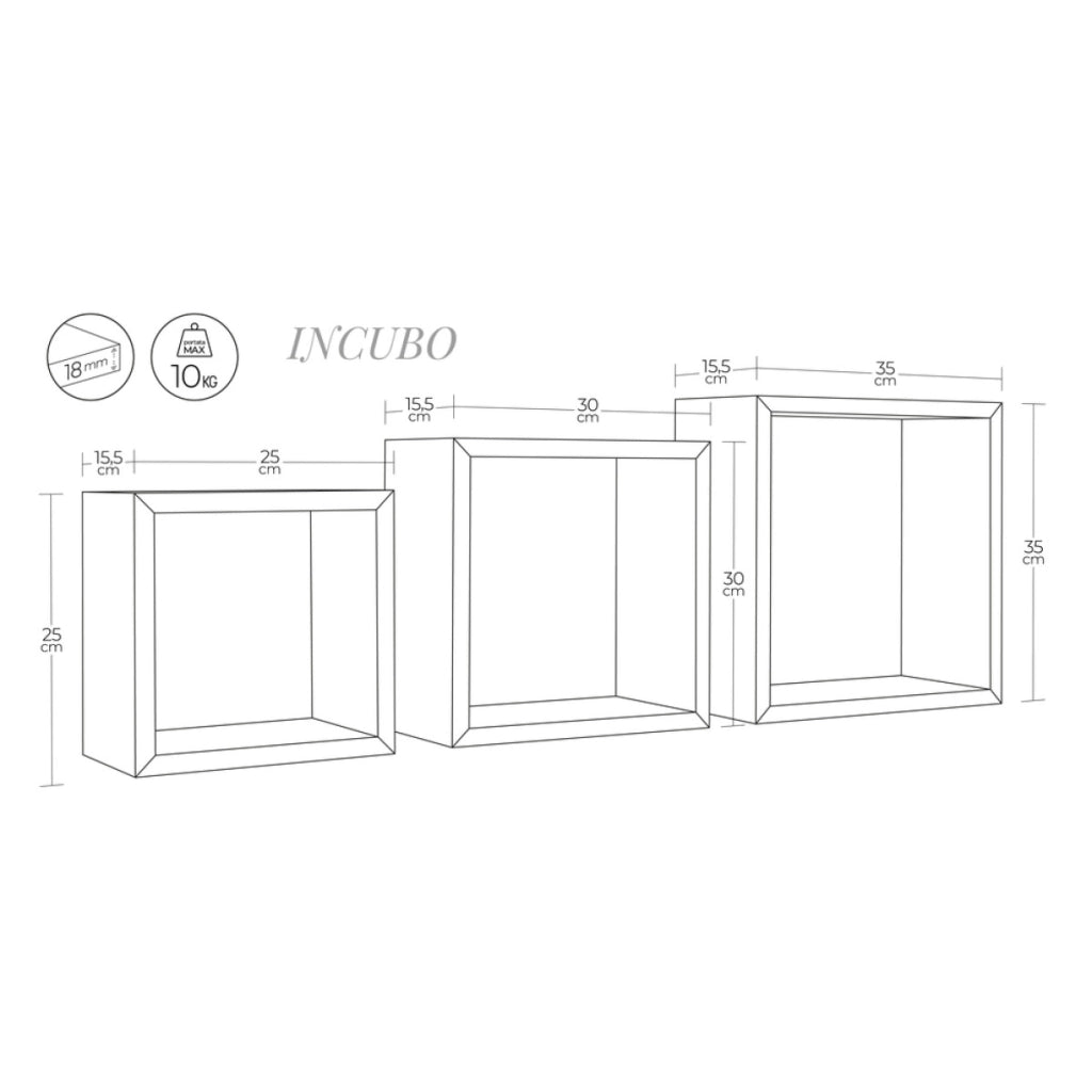Set di 3 Mensole da Muro MODELLO INCUBO, Cubi Arredo, Mensole Cubo, Cubi da Parete. Misure 35x35 p15.5 cm 30x30 p15.5 cm e 25x25 p15.5 cm. Finitura  ROV. IMPERIALE - MADE IN ITALY