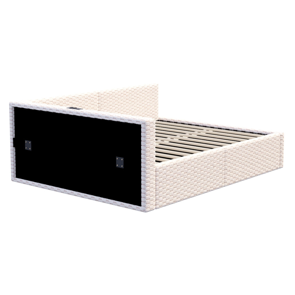 LETTO Contenitore 140x200 cm Velluto Beige con LED, 2 USB e Type-C