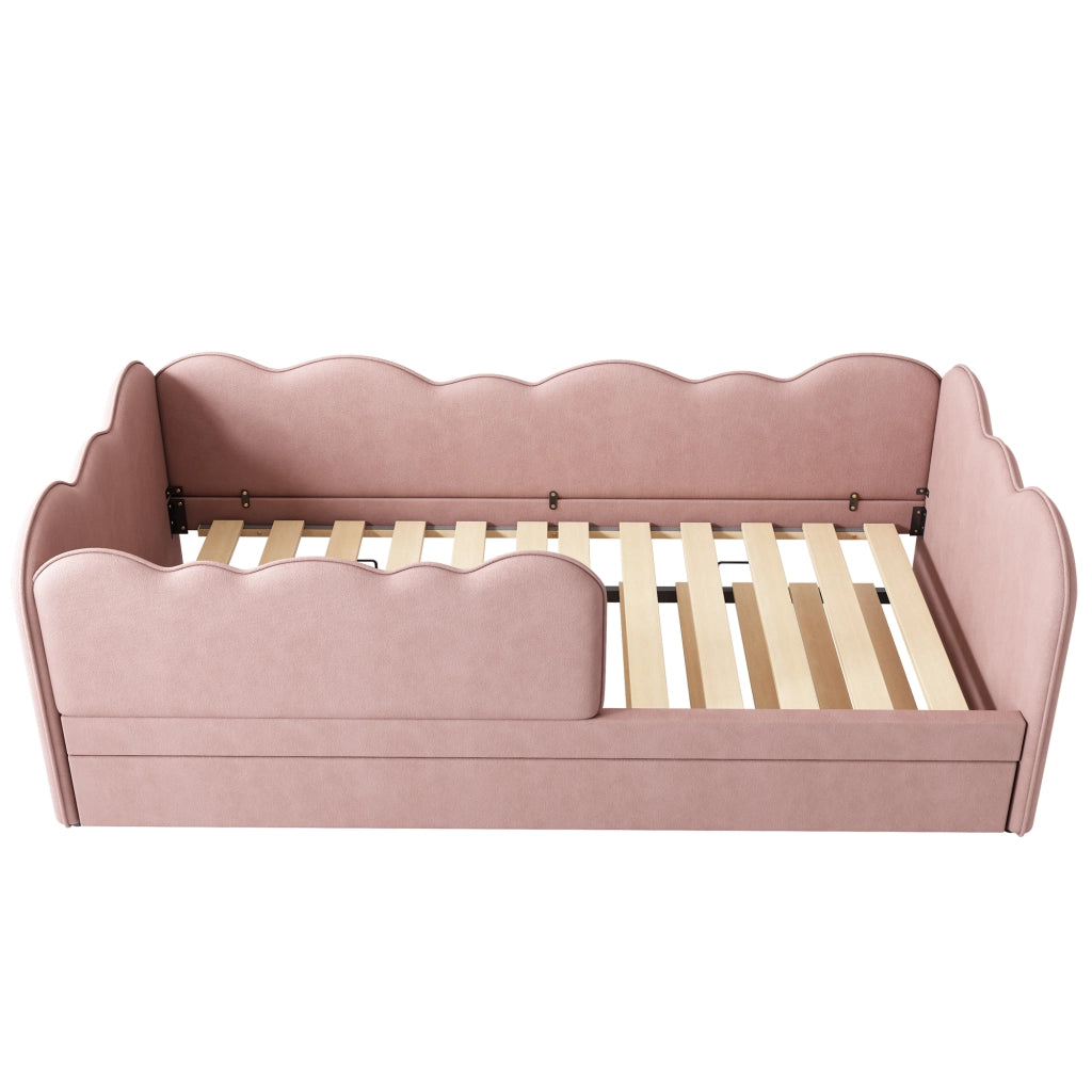 Letto daybed imbottito 90x190 cm con letto estraibile, rete inclusa, velluto rosa