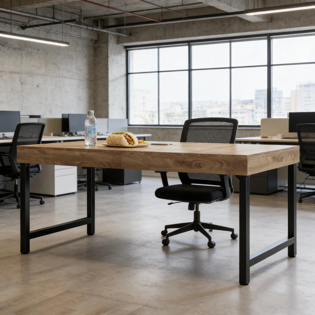 Scrivania lineare in MDF e metallo con ampio piano stile rustico per ufficio e home office nera e marrone 140 cm
